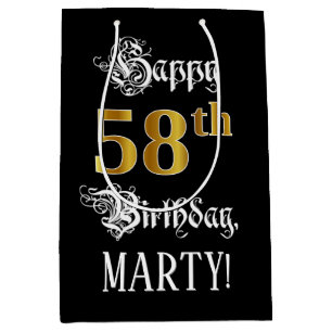 58th Birthday ~ Fancy Script; Faux Gold Look; Name Medium Gift Bag
