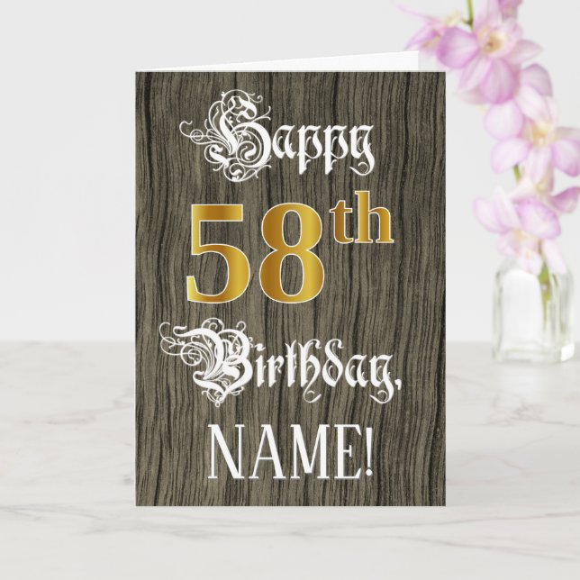 58th Birthday: Faux Gold Look + Faux Wood Pattern Card (Orchid)