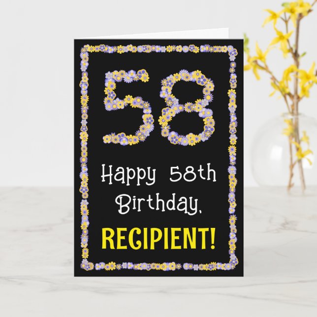 58th Birthday: Floral Flowers Number, Custom Name Card (Yellow Flower)