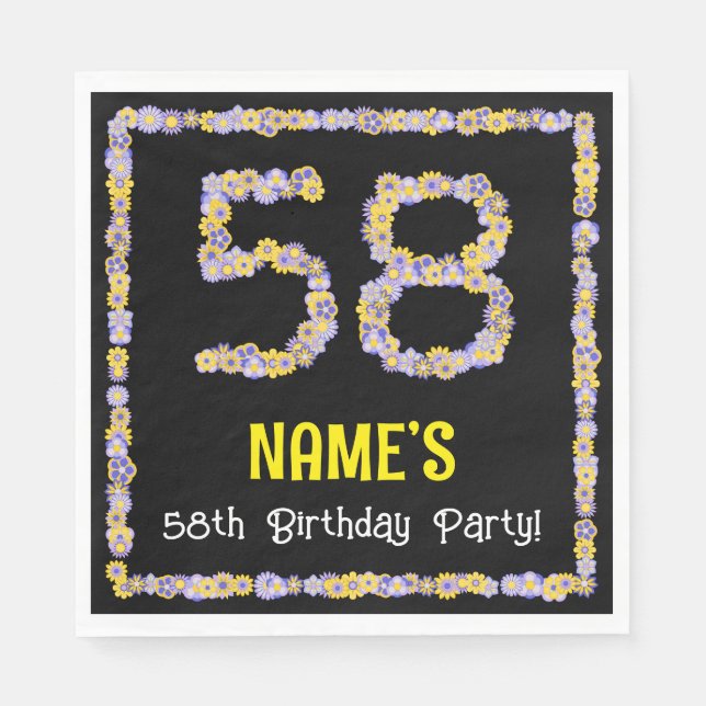 58th Birthday: Floral Flowers Number, Custom Name Napkin (Front)
