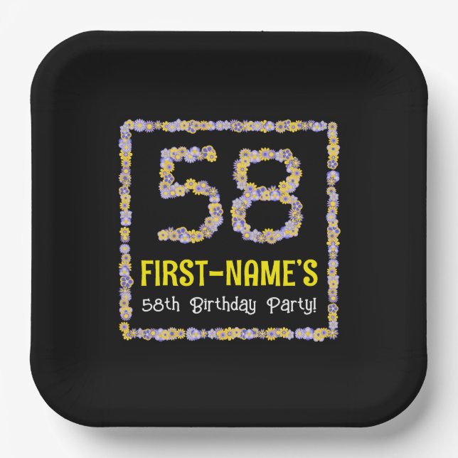 58th Birthday: Floral Flowers Number, Custom Name Paper Plate (Front)