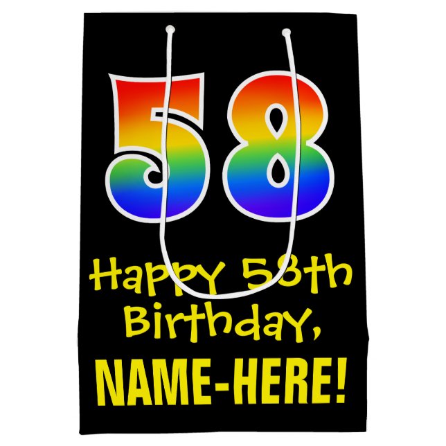 58th Birthday: Fun, Bold, Colourful, Rainbow "58" Medium Gift Bag (Back)