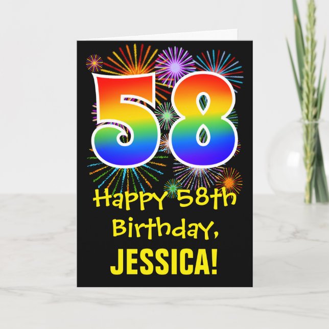 58th Birthday: Fun Fireworks Pattern + Rainbow 58 Card (Front)