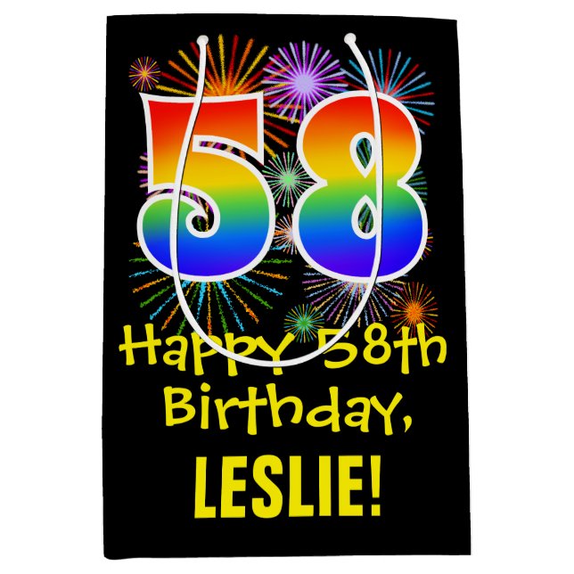 58th Birthday: Fun Fireworks Pattern + Rainbow 58 Medium Gift Bag (Front)