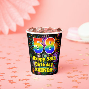 58th Birthday: Fun Fireworks Pattern + Rainbow 58 Paper Cups