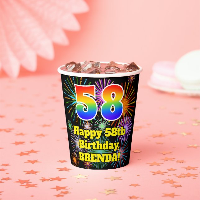 58th Birthday: Fun Fireworks Pattern + Rainbow 58 Paper Cups (Insitu)