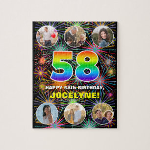 58th Birthday: Fun Rainbow #, Custom Name + Photos Jigsaw Puzzle