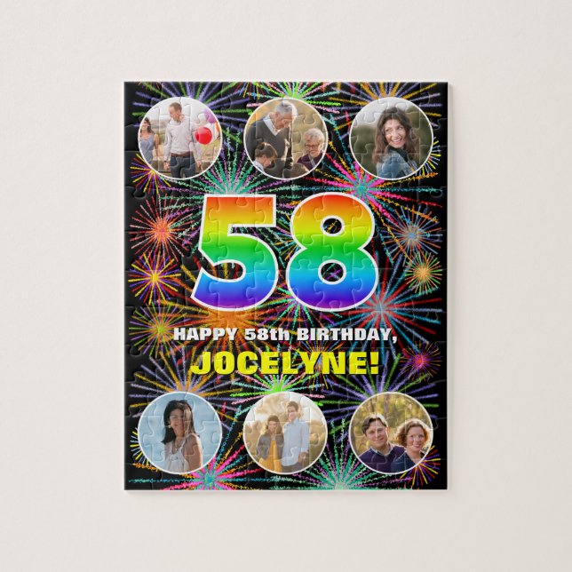 58th Birthday: Fun Rainbow #, Custom Name + Photos Jigsaw Puzzle (Vertical)