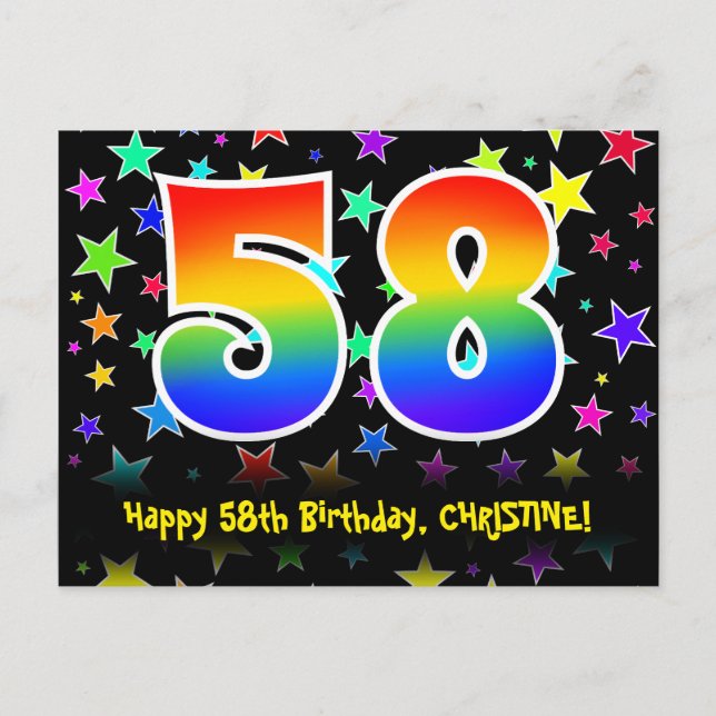 58th Birthday: Fun Stars Pattern, Rainbow 58, Name Postcard (Front)