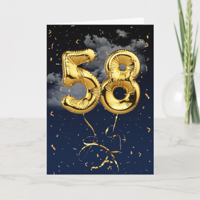 58th Birthday Gold Mylar Balloon and Confetti Card (Front)
