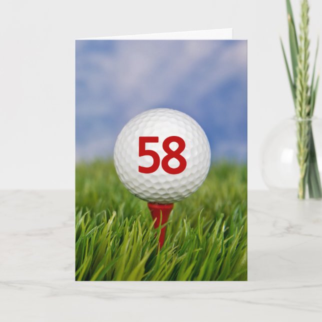 58th Birthday Golf Ball on Red Tee  Card (Front)