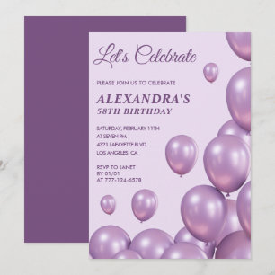 58th birthday invitations Balloons Chic Purple