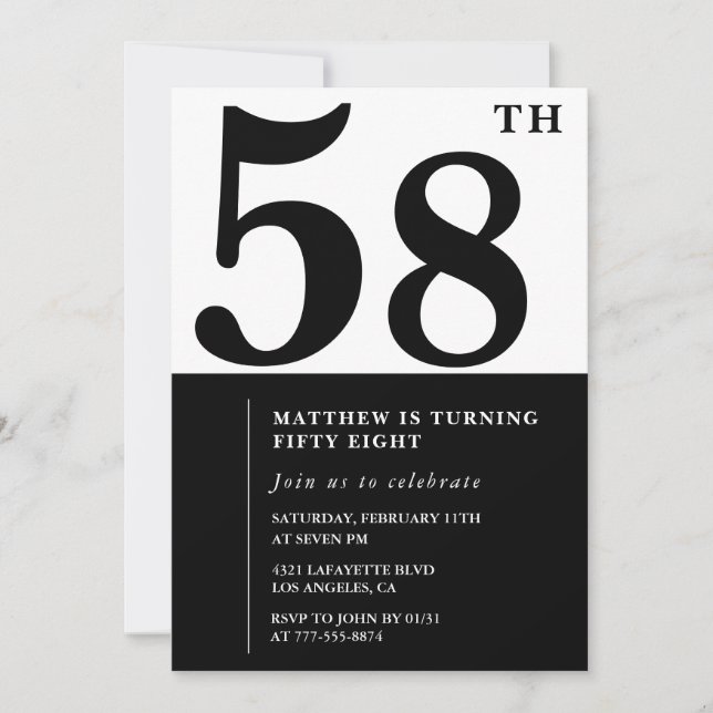 58th birthday invitations Black and White Elegant (Front)