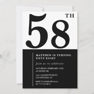 58th birthday invitations Black and White Elegant