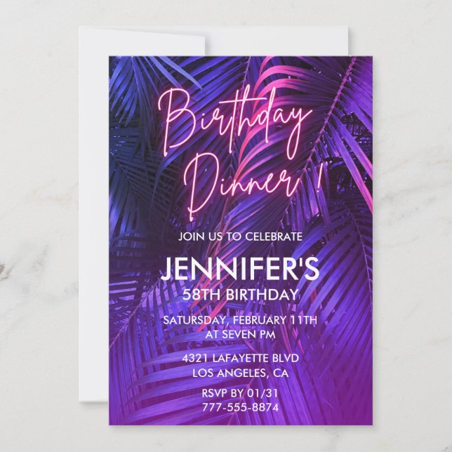 58th birthday invitations Pink Neon Tropical (Front)