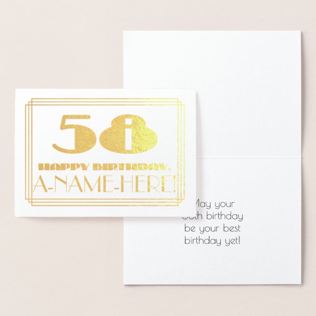 58th Birthday; Name + Art Deco Inspired Look "58" Foil Card (Display)