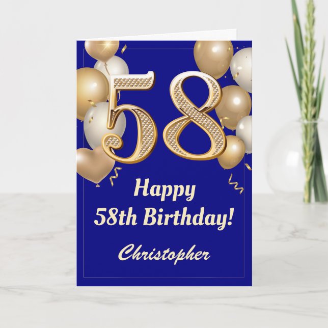 58th Birthday Navy Blue and Gold Balloons Confetti Card (Front)