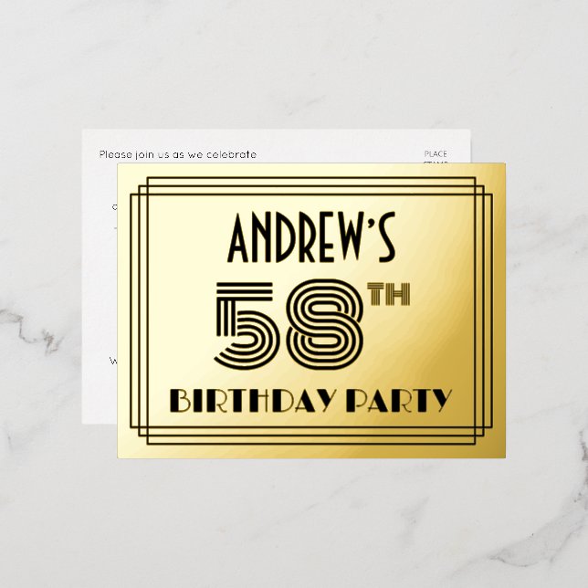 58th Birthday Party ~ Art Deco Style “58” + Name Foil Invitation Postcard (Front/Back)
