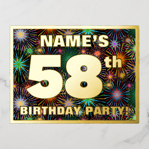 58th Birthday Party: Bold, Colourful Fireworks Loo Foil Invitation Postcard