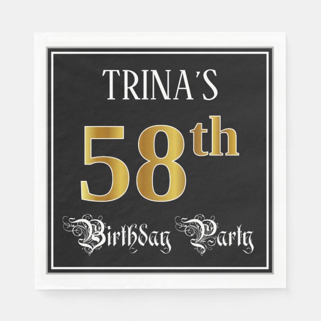 58th Birthday Party — Fancy Script, Faux Gold Look Napkin (Front)
