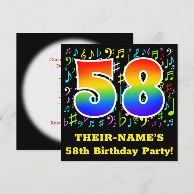 58th Birthday Party: Fun Music Symbols, Rainbow 58 Invitation (Front/Back)