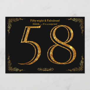 58th Birthday party,Gatsby styl,black gold glitter Invitation