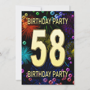 58th Birthday Party Invitation Fireworks Bubbles