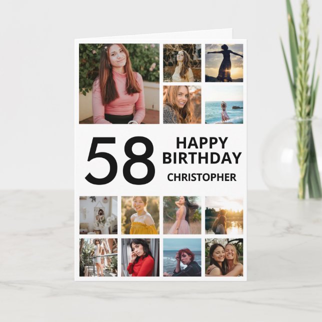 58th Birthday Photo Collage 13 Photos Black White Card (Front)