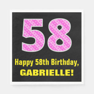 58th Birthday: Pink Stripes and Hearts "58" + Name Napkin