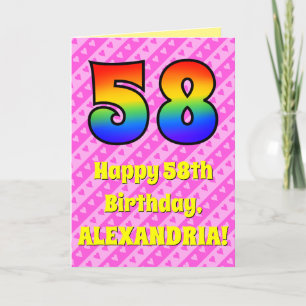 58th Birthday: Pink Stripes & Hearts, Rainbow # 58 Card