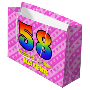 58th Birthday: Pink Stripes & Hearts, Rainbow # 58 Large Gift Bag