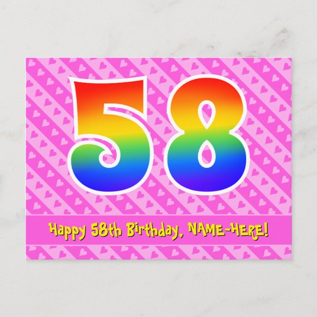 58th Birthday: Pink Stripes & Hearts, Rainbow 58 Postcard (Front)