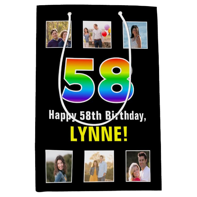 58th Birthday: Rainbow “58“, Custom Photos & Name Medium Gift Bag (Front)