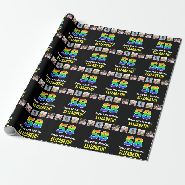 58th Birthday: Rainbow “58“; Custom Photos & Name Wrapping Paper (Unrolled)