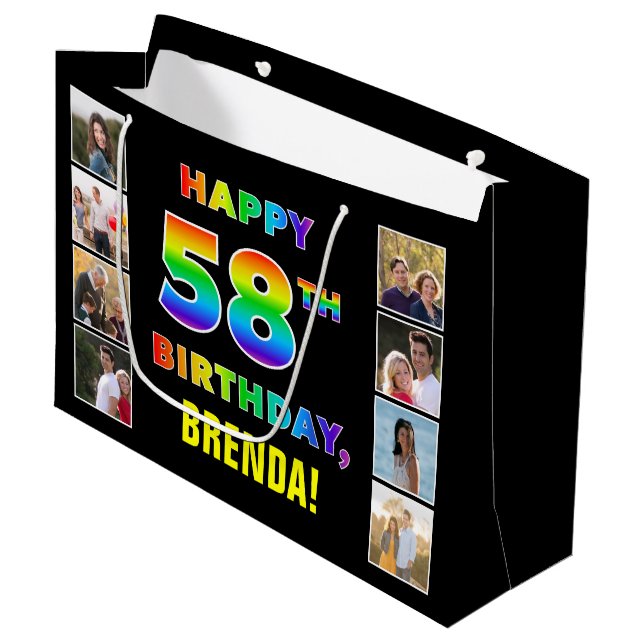 58th Birthday: Rainbow Text, Custom Photos & Name Large Gift Bag (Front Angled)