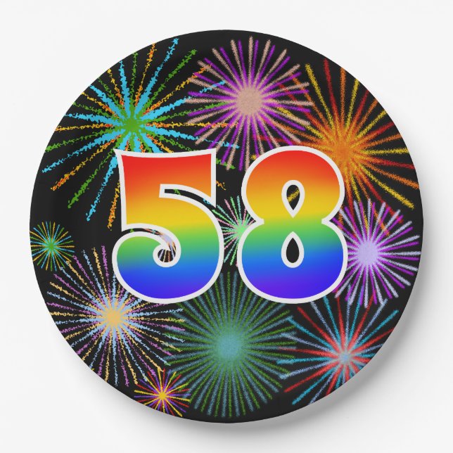58th Event - Fun, Colourful, Bold, Rainbow 58 Paper Plate (Front)