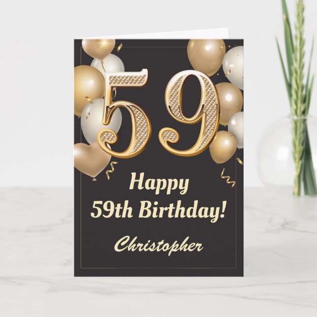 59th Birthday Black and Gold Balloons Confetti Card (Front)