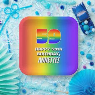 59th Birthday: Colourful, Fun Rainbow Pattern # 59 Paper Plate