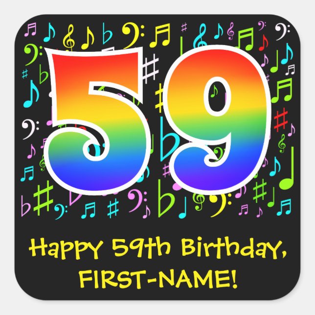 59th Birthday: Colourful Music Symbols, Rainbow 59 Square Sticker (Front)