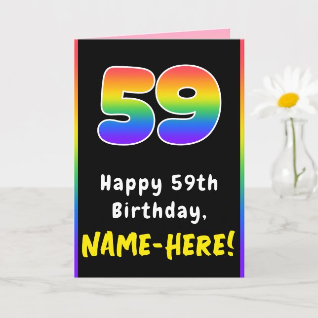 59th Birthday: Colourful Rainbow # 59, Custom Name Card (Small Plant)