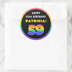 59th Birthday: Colourful Rainbow # 59, Custom Name Classic Round Sticker