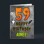 59th Birthday: Eerie Halloween Theme   Custom Name Card<br><div class="desc">The front of this scary and spooky Hallowe’en themed birthday greeting card design features a large number “59”. It also features the message “HAPPY BIRTHDAY, ”, plus a personalised name. There are also depictions of a ghost and a bat on the front. The inside features a personalised birthday greeting message,...</div>