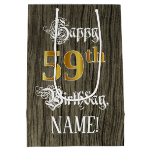 59th Birthday: Faux Gold Look & Faux Wood Pattern Medium Gift Bag