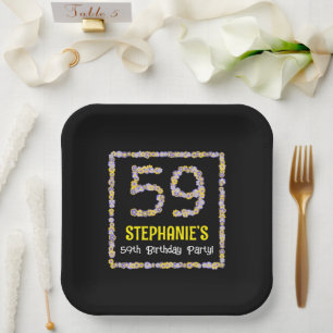 59th Birthday: Floral Flowers Number, Custom Name Paper Plate
