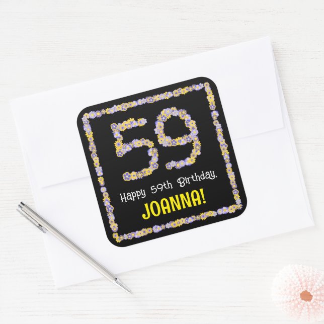 59th Birthday: Floral Flowers Number, Custom Name Square Sticker (Envelope)