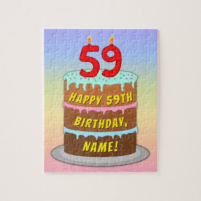 59th Birthday: Fun Cake and Candles + Custom Name Jigsaw Puzzle (Vertical)