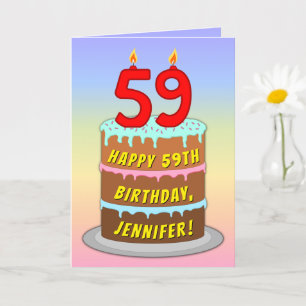 59th Birthday — Fun Cake & Candles, w/ Custom Name Card