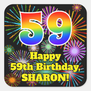 59th Birthday: Fun Fireworks Look, Rainbow # 59 Square Sticker