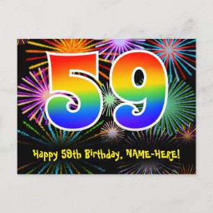 59th Birthday – Fun Fireworks Pattern + Rainbow 59 Postcard