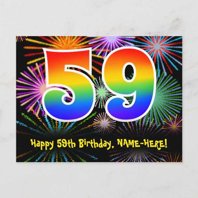 59th Birthday – Fun Fireworks Pattern + Rainbow 59 Postcard (Front)
